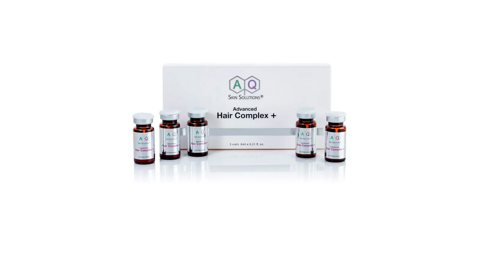 אריזת AQ Advanced Hair Complex+ עם חמישה בקבוקוני סרום גורמי גדילה לקרקפת