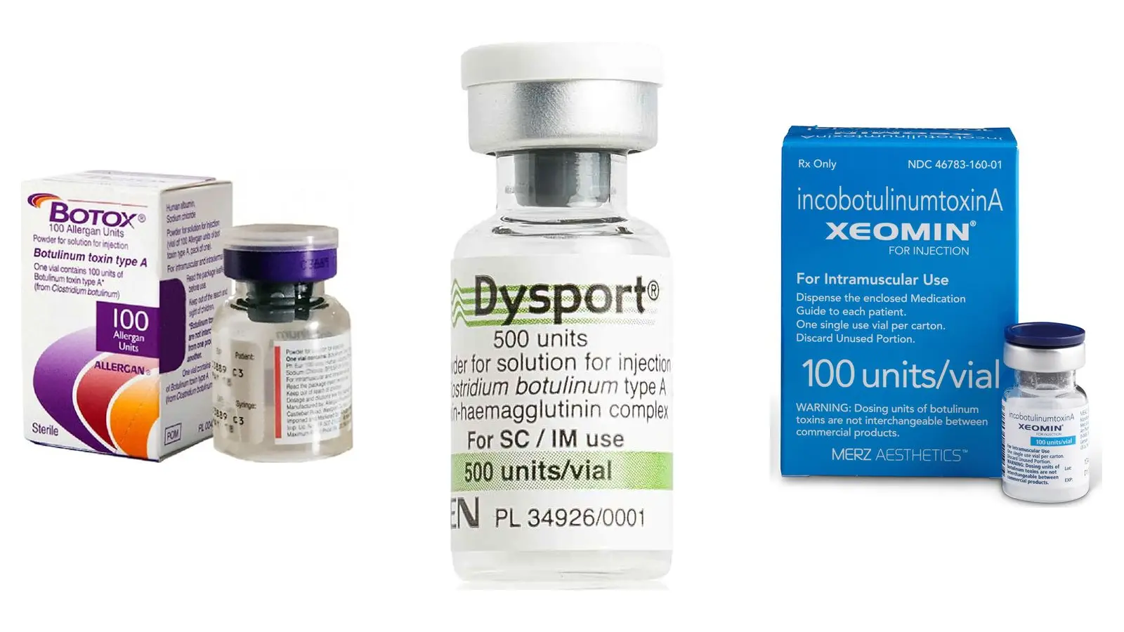 אריזות ובקבוקוני Botox של Allergan, Dysport של Ipsen ו-Xeomin של Merz זה לצד זה