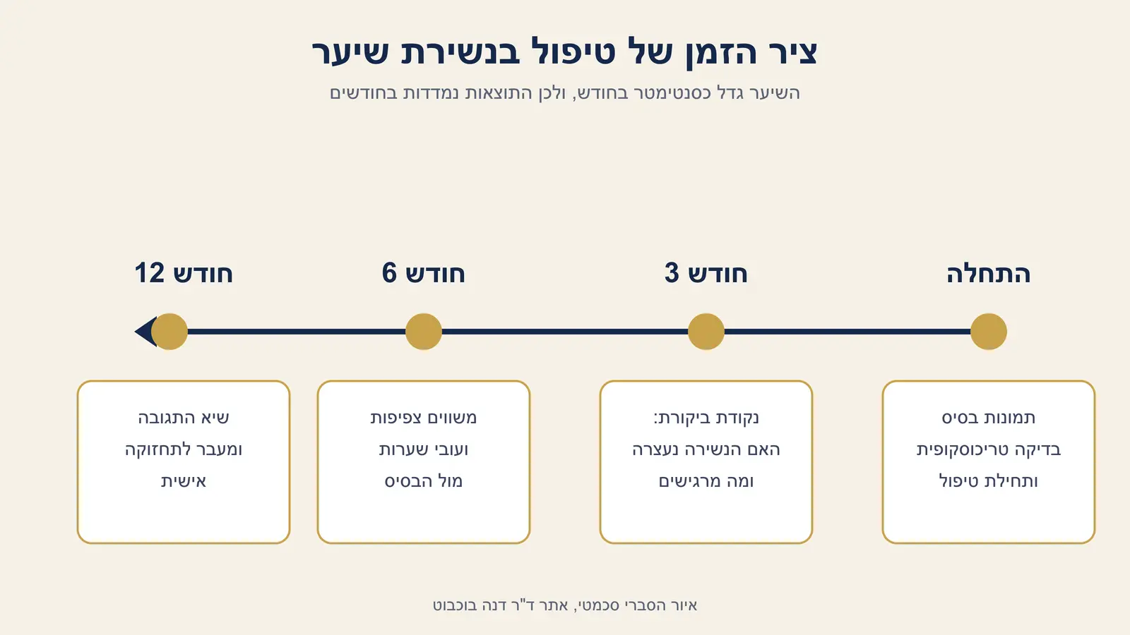 ציר זמן של טיפול בנשירת שיער: התחלה, חודש 3, חודש 6 וחודש 12, ומה בודקים בכל נקודה