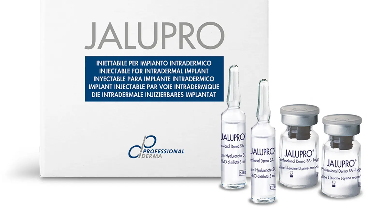 אריזת Jalupro Classic עם שתי אמפולות חומצה היאלורונית ושני בקבוקוני חומצות אמינו מיובשות
