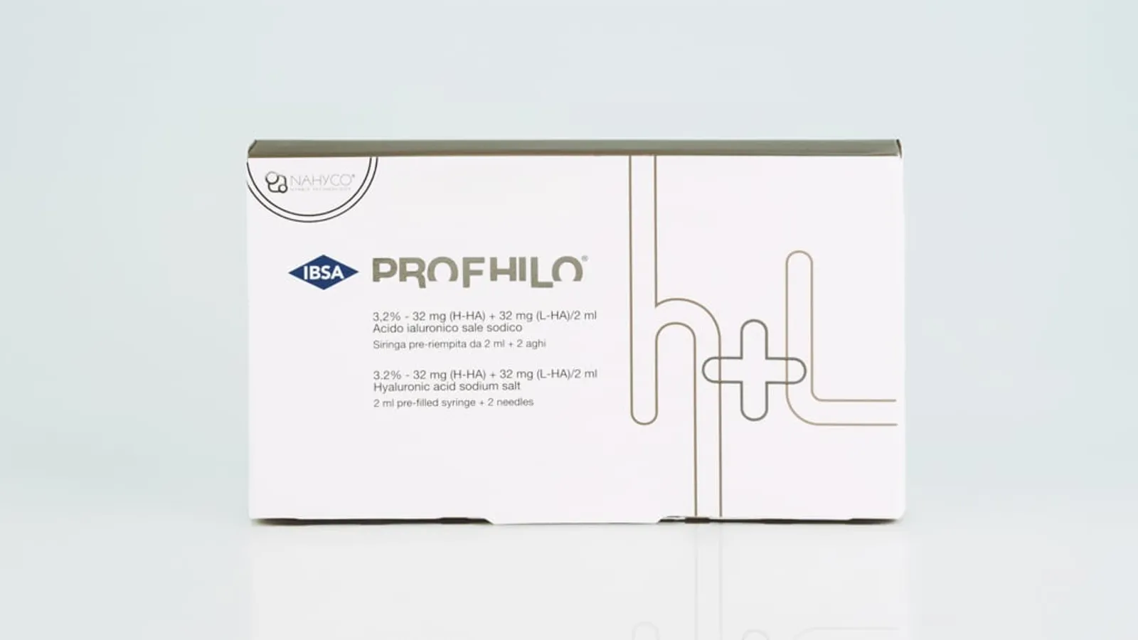 אריזת Profhilo H+L של היצרן IBSA: מזרק מוכן של 2 מ״ל חומצה היאלורונית עם שתי מחטים